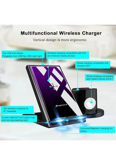 Willowhaven 4 Cihazı Hızlı Kablosuz Şarj Cihazı, A9 Siyah, 10w, 4'ü 1 Arada Şarj, Güvenlik Koruma Özellikleriyle