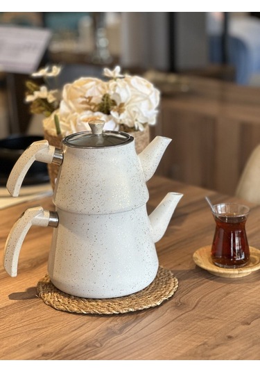 Yunusoğlu Home Granit Kaplama Pramit Cam Kapaklı Çaydanlık Krem Krem