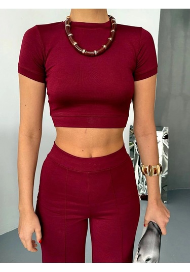 Osy Modal Yumuşak Dokulu Kumaş Kısa Kollu Crop Alt İspanyol Paça Pantalon İkili Takım - Bordo Çok Renkli