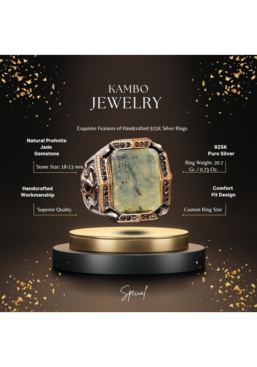 Gerçek Prehnit Yeşim Taşı Yüzük - Ayar Gümüş Erkek Bant Yüzüğü Gümüş