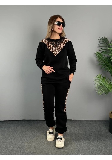 Kadın Üç Iplik Kumaş Leopar Desenli Dantel Detaylı Ikili Takım Siyah