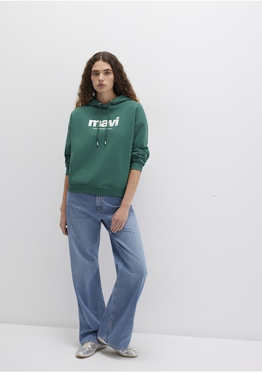 Mavi - Mavi Logo Baskılı Yeşil Kapüşonlu Sweatshirt 168334-71874 Yeşil