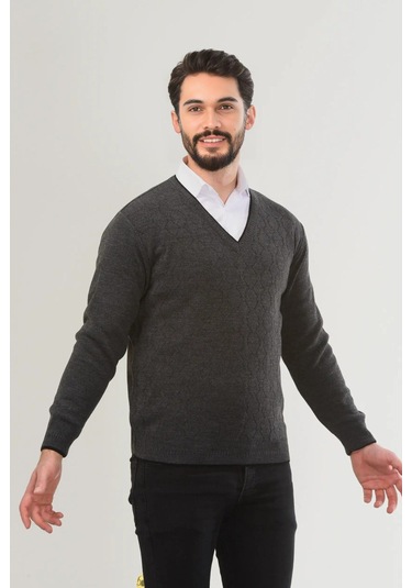 Kamalı Gri Erkek V Yaka Triko Uzun Kol Standart Fit Tüylenmeyen Triko Kışlık Örgü Kazak Gri