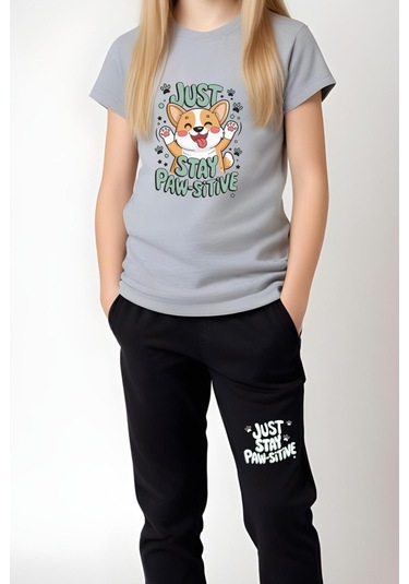 Just Stay Paw Baskılı Kız Çocuk Tişört Ve Eşofman Alt-üst Takım Gri