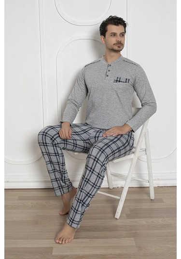 Erkek Ekose Desen Likralı Pamuk Uzun Kol Kışlık İnterlok Göğüs Cepli Pijama Takımı Gri