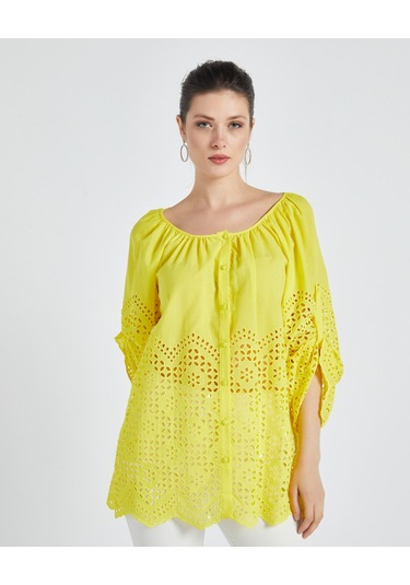 Kadın Pamuk Gömlek Ajurlu Detaylı, Rahat Kalıp Yazlık Tasarım Sarı