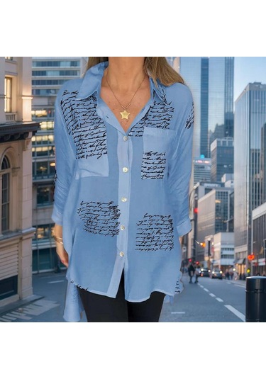 Kadın Yaz Baskılı Gevşek Günlük Smokin Gömlek Açık Mavi
