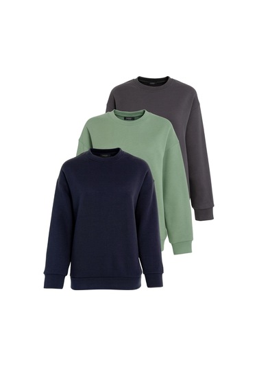 Lacivert/füme/mint Yeşili Bisiklet Yaka Basic 3'lü Paket Sweatshirt Mg2595 Çok Renkli