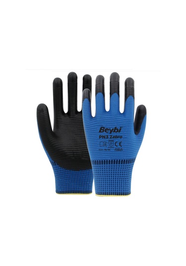 Beybi PN3 Zebra Polyester Örme Nitril İş Eldiveni 288 Çift (Koli) – Mavi - Siyah