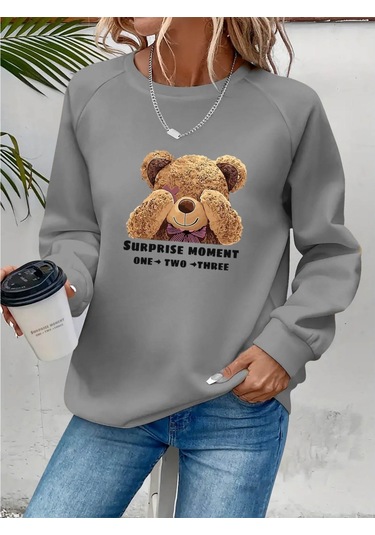 Ahes Shopping Kadın Uzun Kollu Bisiklet Yaka Ayıcık Desenli Viskon Iki Iplik Bluz Gri