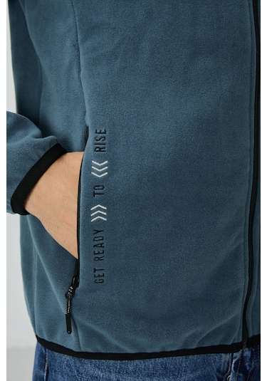 Tommy Life Petrol Yazı Nakışlı Dik Yaka Fermuarlı Standart Kalıp Erkek Sweatshirt Polar - 87992 PETROL