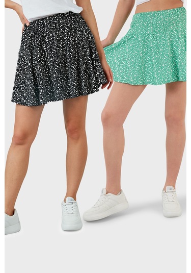 Lela Desenli Beli Lastikli Slim Fit Mini 2'Li Paket Bayan Şort Etek 5864024S2 Benetton-Siyah