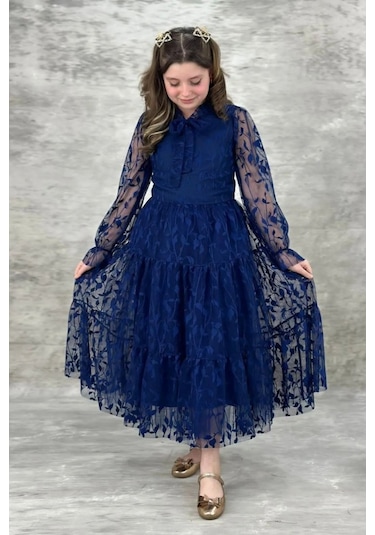 Dantel Yapraklı Kız Çocuk Uzun Abiye Elbise 11 - 14 Yaş 001