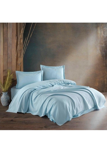 Kristal Pamuk Tek Kişilik Pike Takımı Mavi