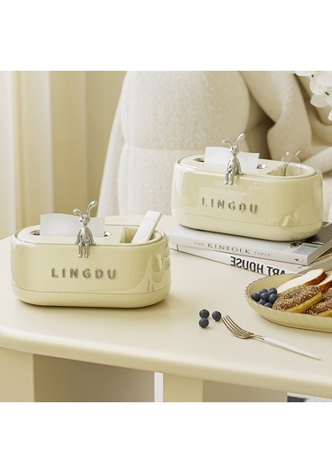 Geeroyoo Krem Beyaz Tavşan Dekorlu Pratik Masaüstü Havlu Kutusu - Oturma Odası, Banyo, Tv Odası İçin Dayanıklı Dekoratif Depolama Kutusu 25 13 10cm