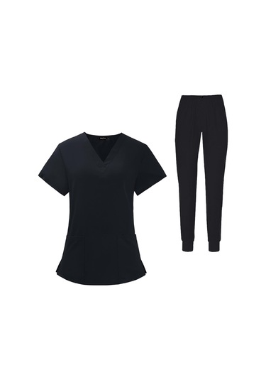 Dolıty Erkek Kadın Scrubs Seti V Yaka Fırçalama Üst L-siyah