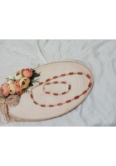 Şık Kırmızı Modern Kolye Ve Bileklik Takı Seti Kırmızı