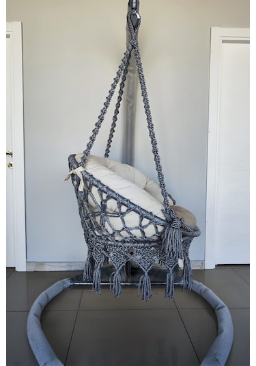 Tek Kişilik Makrome El Örgüsü Salıncak Minderli Ve Askı Demiri İle Açık Gri Mis38016grima Açık Gri