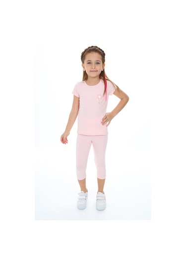 Toontoy Kız Çocuk Varaklı Kalp Baskılı Kaprili Takım Pudra