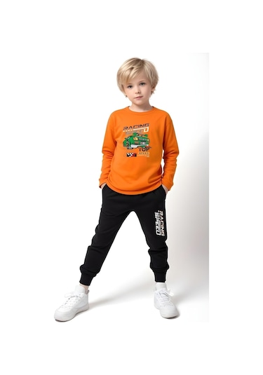 Fyk Kids 3'lü Erkek Çocuk Baskılı Yuvarlak Yaka Alt-üst Pijama Takımı Turuncu