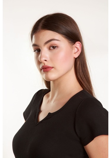 Kadın Basic Fitilli Likralı V Yaka Kollu Tshirt Atlet Bluz Siyah