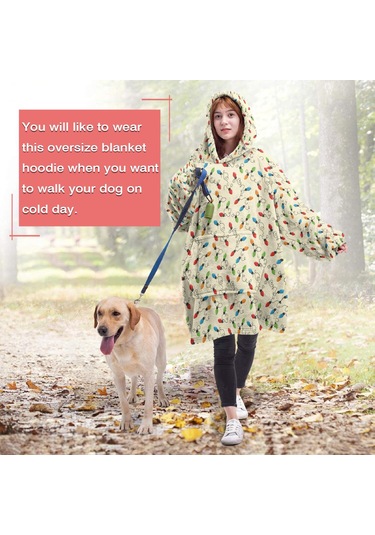 Noel Temalı Unisex Giyilebilir Battaniye Hoodie, Kalın Peluş, Kollar Ve Büyük Cep-a79 Bej