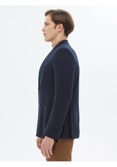 Lacivert Çizgili Modern Fit Örme Ceket Lacivert