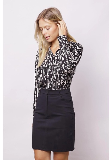 Kadın Cep Detaylı Diz Üstü Hafif Likralı Pamuklu Kumaş Kalem Etek-siyah Siyah