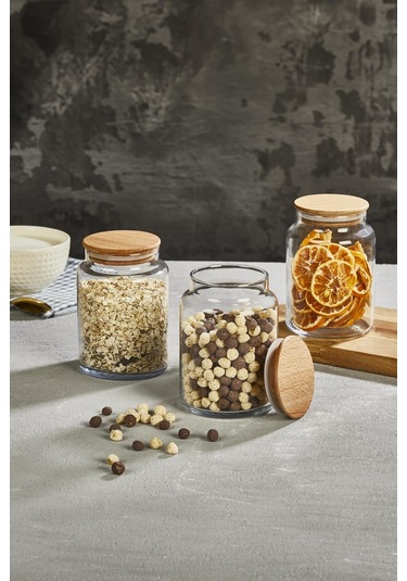 Selka Home 3'lü 890 Ml Sade Ahşap Kapaklı Cam Kavanoz