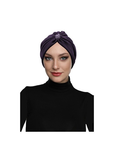 Dizayn Tüllü Kristal Taş İşlemeli Çift Taraflı Astarlı Mor Hazır Türban Tesettür Abiye Bone Mor