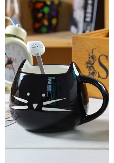 Seramik Sevimli Kedi Kupalar Kaşık Kahve Çay Süt Ile Hayvan Bardaklar Saplı 400 Ml Drinkware Güzel Hediyeler Kedi Kupa Kupa Kupa İle Kupa Siyah 07 Beyaz