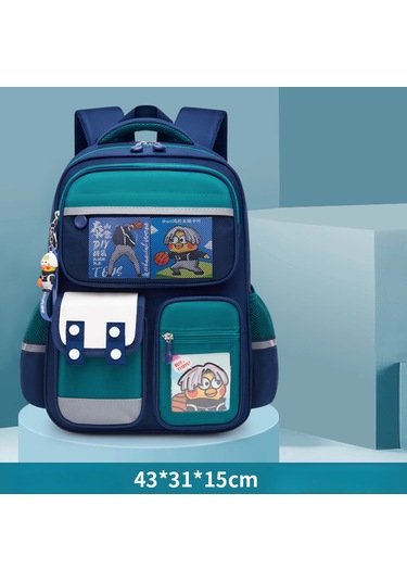 Zilinn Lacivert Yeşil Büyük Boy + Kart + Kolye Ucu Erkek Ve Kız Öğrencilerin Yükünü Hafifleten İlkokul Çantası, Sevimli Çizgi Film Karakterli Çocuk Sırt Çantası Mavi - Yeşil