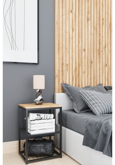 Metal Ayaklı Dekoratif Tel Raflı Komodin Atlantik Çam Atlantik Çam