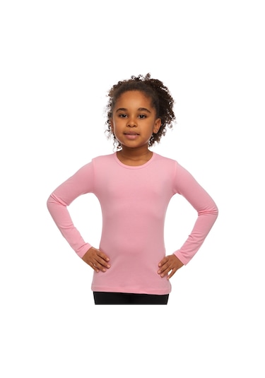 Lovetti Pembe Kız Çocuk Düz Basıc Likralı Uzun Kol Tişört Pembe
