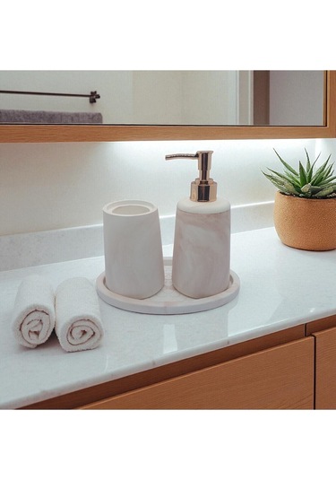 5 Li Taş Banyo Seti Sıvı Sabunluk Diş Fırçalık Kase Tepsi Set Beyaz - Kahve Mermer Desenli Beyaz