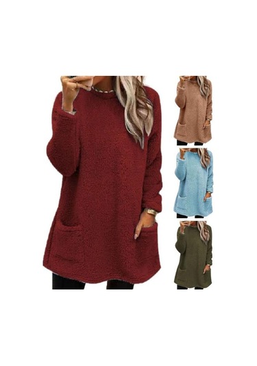 Çift Cepli Bayan Kışlık Sweatshirt Saf Renk Peluş Yuvarlak Yaka Bol Açık Mavi