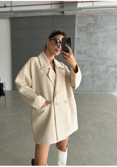 Laluvia Balıksırtı Oversize Kaban Taş Rengi Bej
