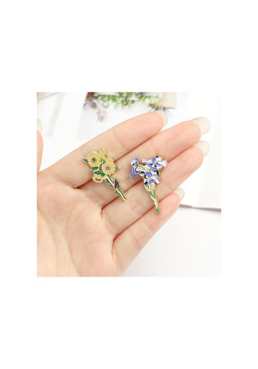 Çiçek Broş 2 Adet Van Gogh Ayçiçeği Ve Süsenler Broş İğneleri, Altın Rengi