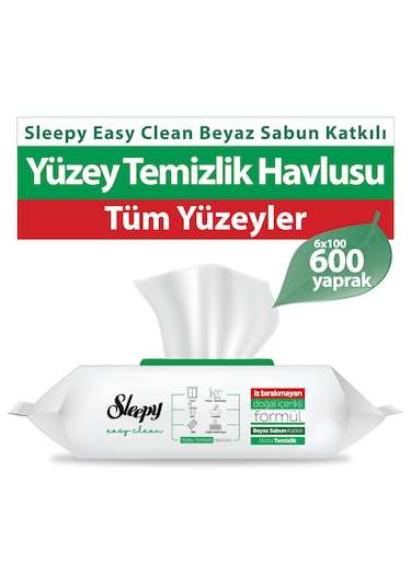 Sleepy Easy Clean Beyaz Sabun Katkılı Yüzey Temizlik Havlusu&Mendili 6x100 (600 Yaprak)