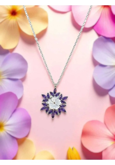 925 Ayar Gümüş Mor Taşlı Lotus Çiçeği Kolye Zarif Tasarım Gümüş