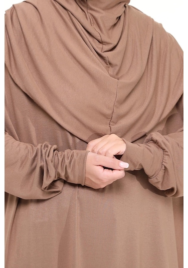 Pratik Tek Parça Pamuklu Yarasa Kollu Tak Çıkar Başörtülü Tesettür Namaz Elbisesi Sütlü Kahve Çok Renkli