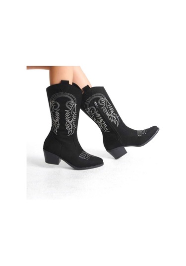 Kovboy Kanvas Western Tarz Sivri Bot Siyah-beyaz
