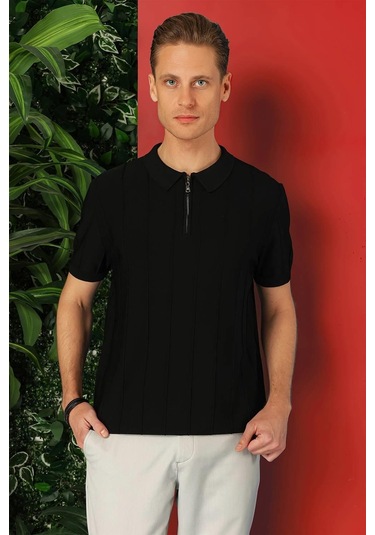 Slim Fit Fermuarlı Polo Yaka Kısa Kol Siyah Triko Tr 865 Siyah