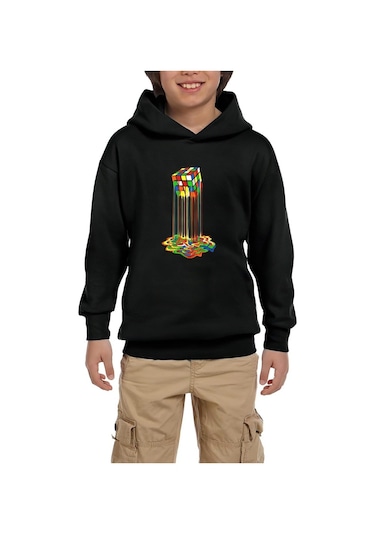 Rubix Cube Rainbow Siyah Çocuk Kapşonlu Sweatshirt Siyah