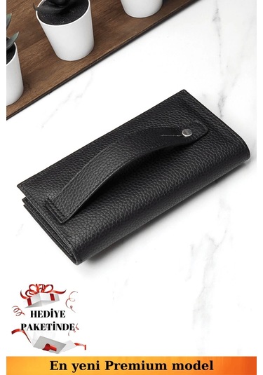 Telefon Bölmeli Unisex Siyah Cüzdan Mıknatıslı Ve El Bantlı Büyük Paraportföy El Çantası Siyah