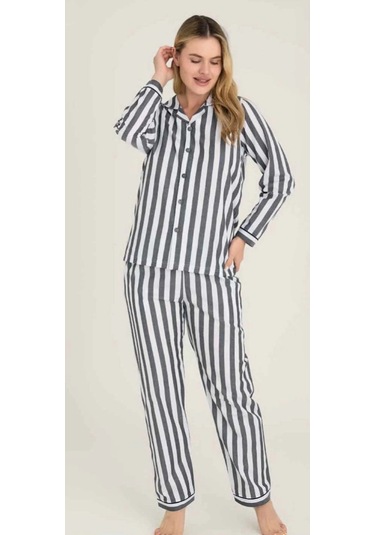 Freshness 4007 Kadın Uzun Kol Çizgili Gaffuriye Pijama Takımı Antrasit