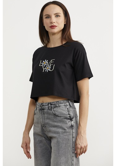 Oversize Baskılı Crop Tişört - Siyah Siyah