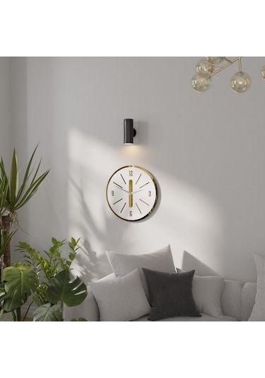 Minimalist Lüx Aynalı Pleklisi Ahşap Duvar Saati Beyaz - Altın