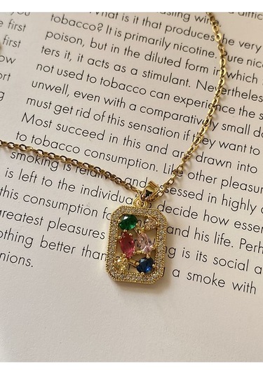 Renkli Taşlı Kare Çelik Kararmaz Gold Kolye Altın