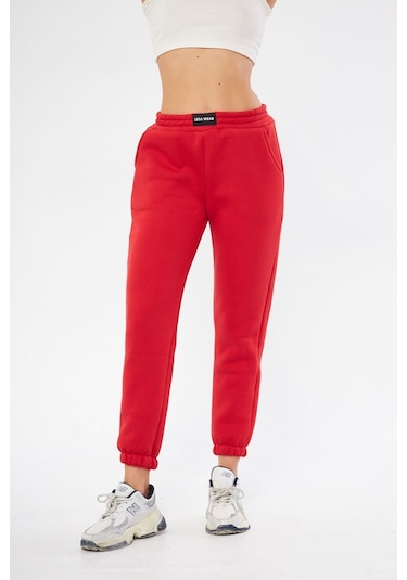 Lesa Wear Yüksel Bel Jogger Şardonlu Eşofman Altı Paçası Lastikli Kırmızı